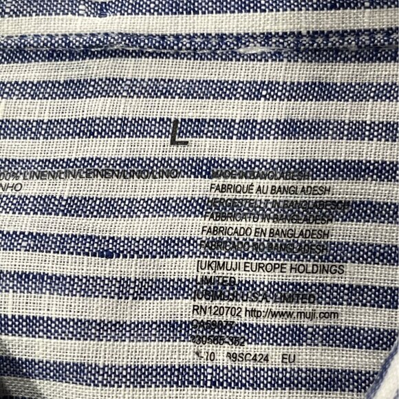 Muji Blue & White Striped Button-Down Shirt Long Sleeve Linen Blend Large - Picture 3 of 6